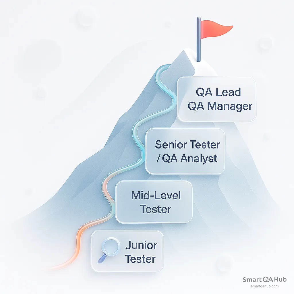 Career path of QA testers from Junior to QA Manager shown as a mountain climb.