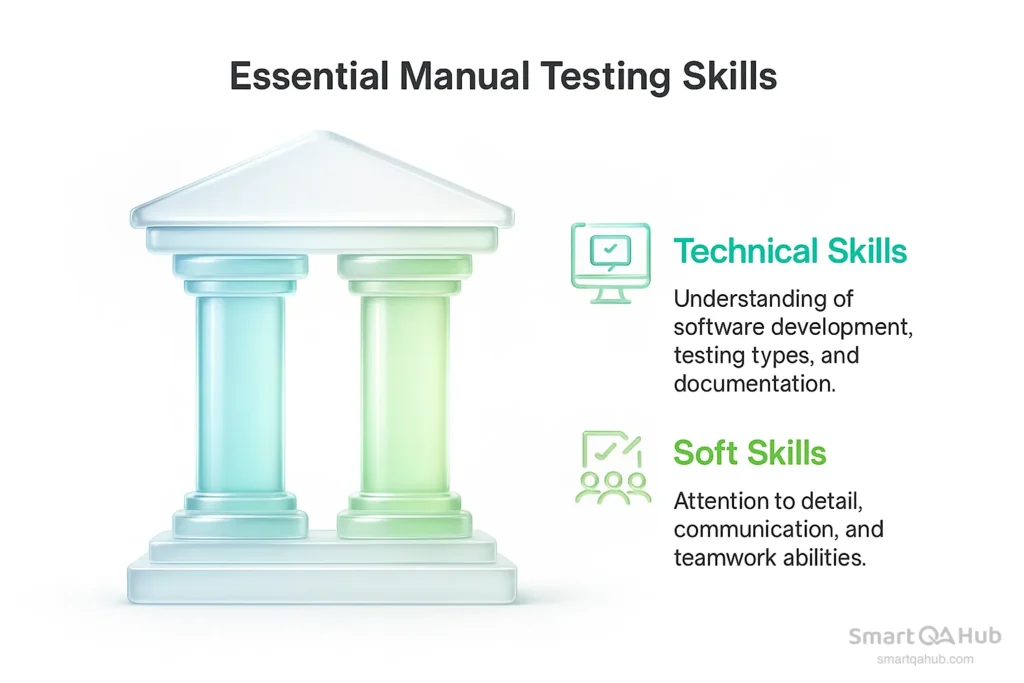 Two pillars representing essential manual testing skills: technical and soft skills for QA testers.