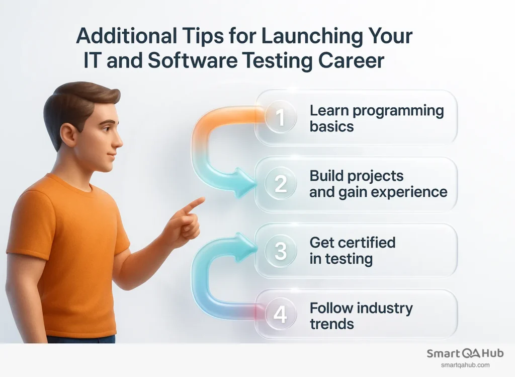 Steps to start a software testing career: learn programming, build projects, get certified, and follow trends.