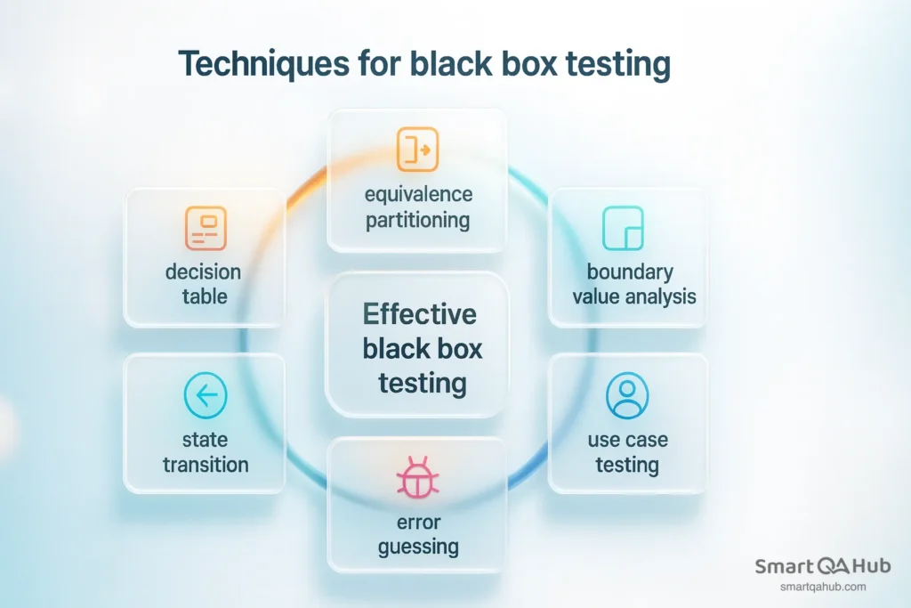 Key black box testing techniques including equivalence partitioning, boundary value, and use case testing.