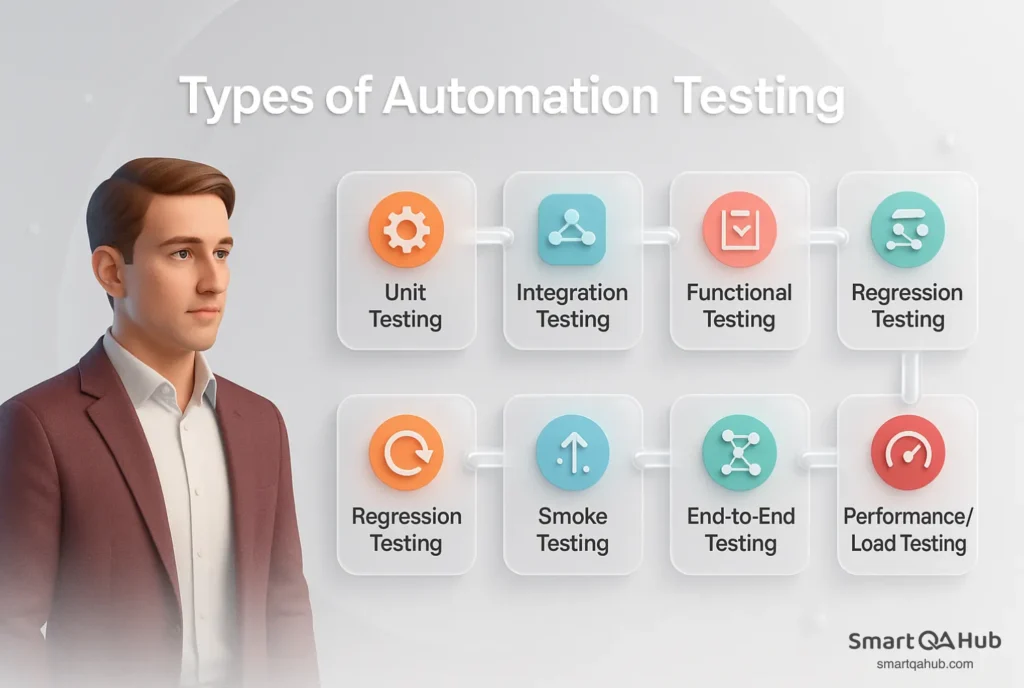 Engineer presenting eight types of automation testing: unit, integration, functional, regression, smoke, end-to-end, and performance.