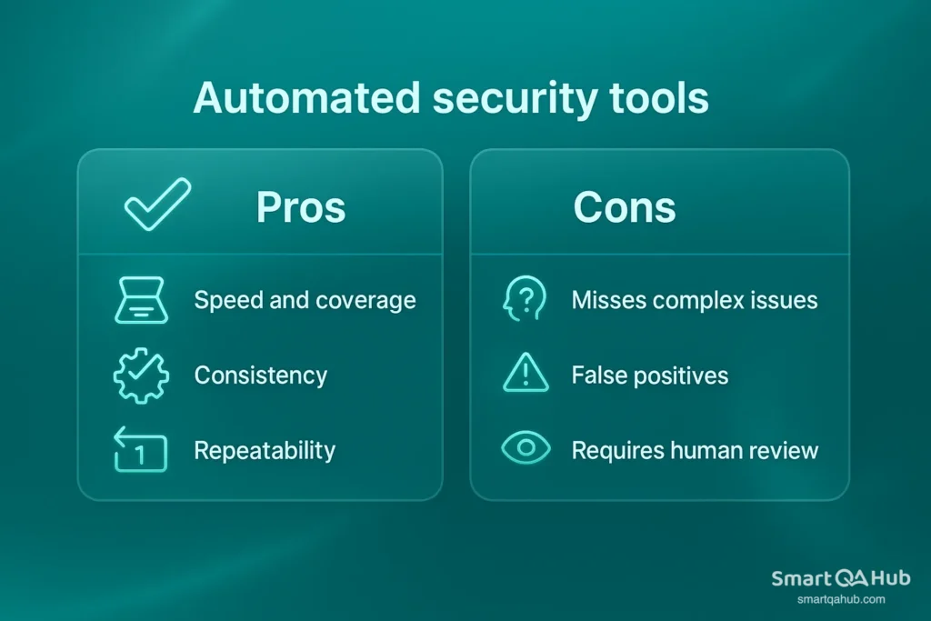 Pros and cons of automated security tools, highlighting speed, consistency and repeatability versus missed issues and false positives.