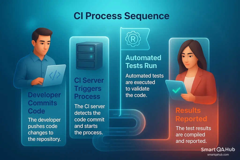 Continuous integration process showing developer commit, server trigger, automated tests, and reported results.
