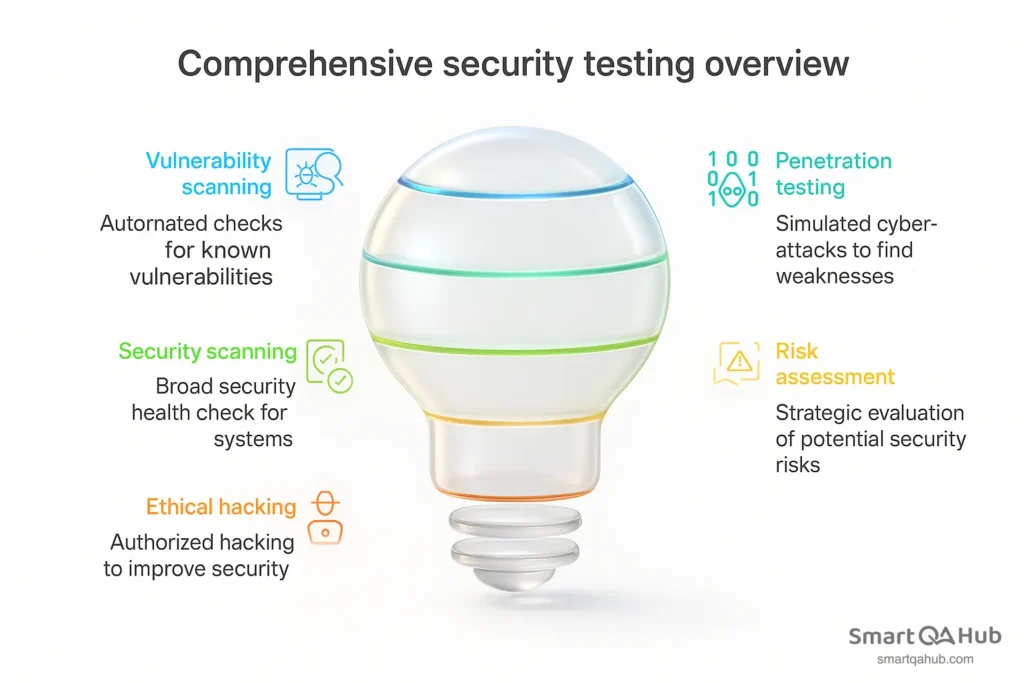 Overview of security testing methods including vulnerability scanning, security scanning, ethical hacking, penetration testing and risk assessment.