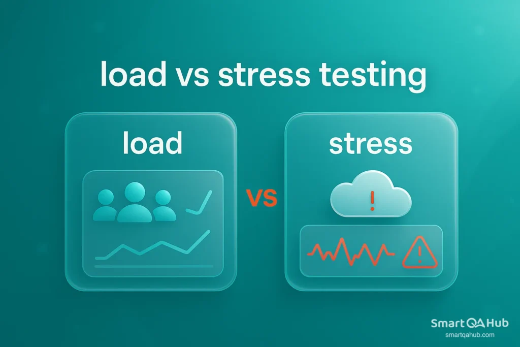 Side-by-side comparison of load vs stress testing showing user volume and performance behavior over time.