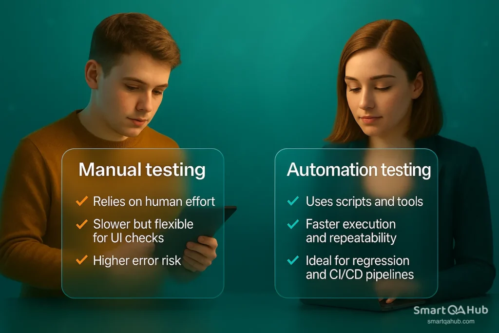Side-by-side comparison of manual and automation testing highlighting differences in speed, effort, and tools.