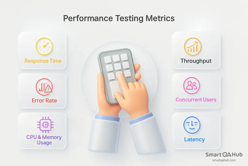 Performance testing metrics showing response time, throughput, error rate, latency, CPU and memory usage, and concurrent users.