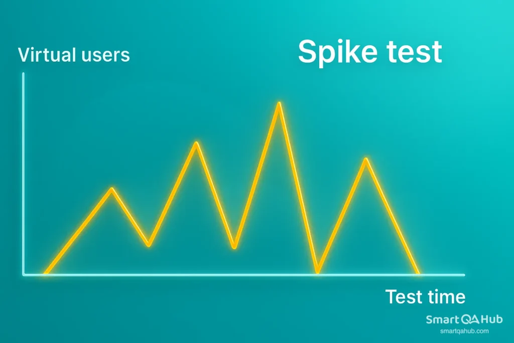 Spike test line graph showing sudden increases and drops in virtual users over test time.
