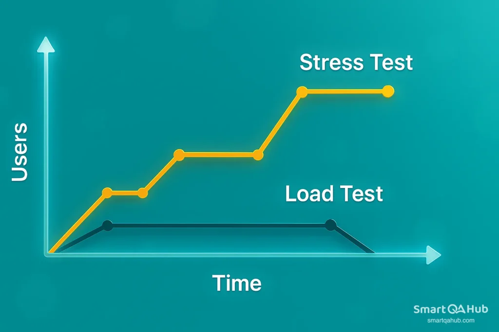 Line graph comparing load and stress testing showing user growth and performance over time.