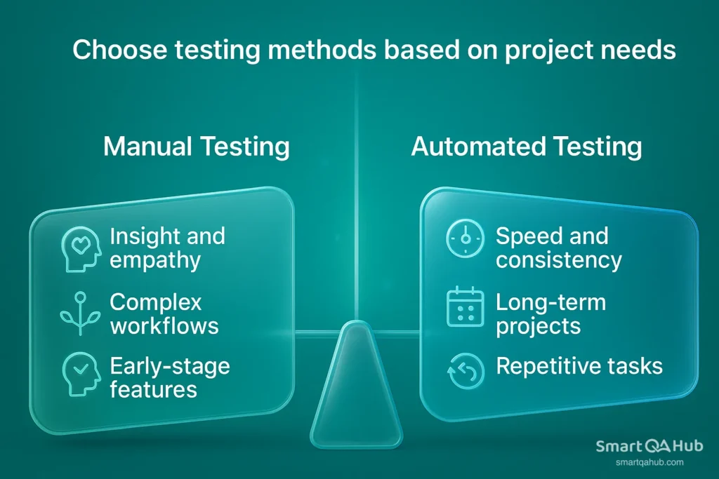 Comparison of manual vs automated testing showing when each method fits project needs and testing goals.