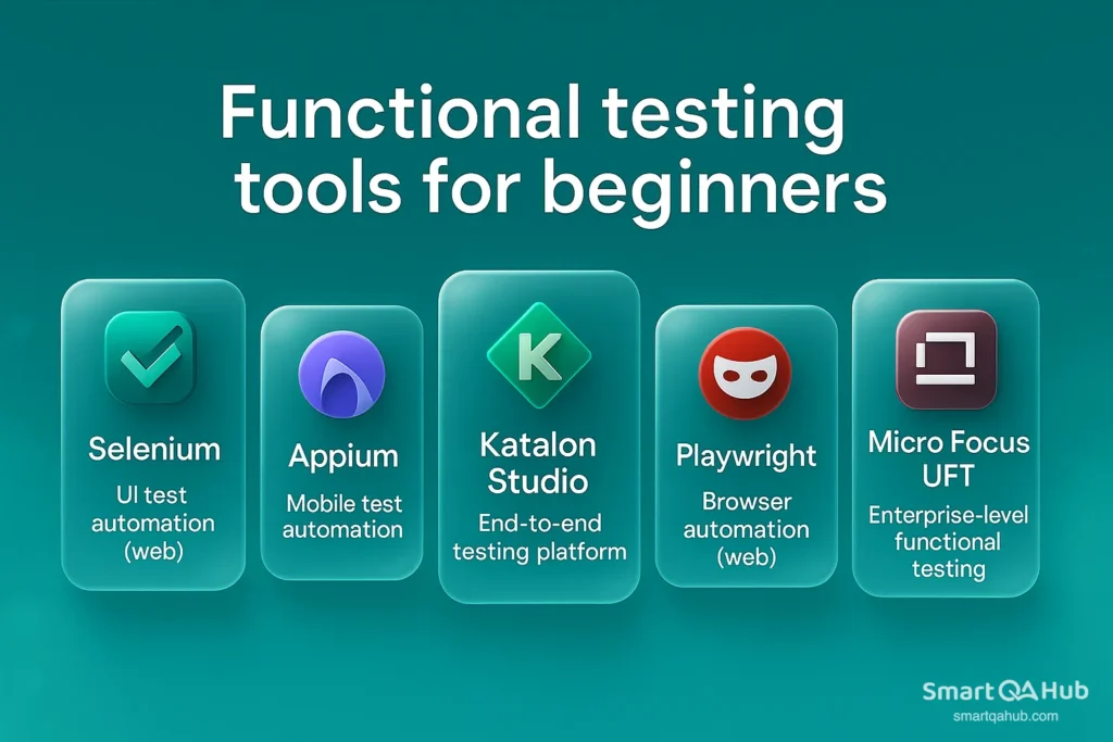 Overview of beginner-friendly functional testing tools including Selenium, Appium, Katalon, Playwright, and UFT.