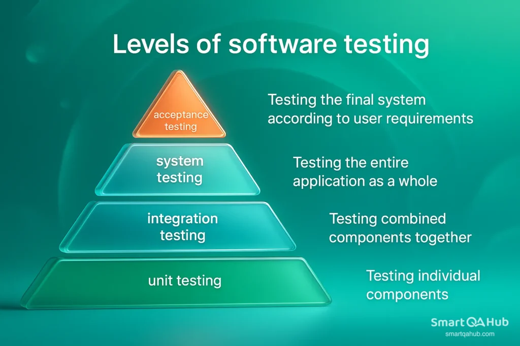 Overview of software testing levels from unit to acceptance, showing how testing expands from components to full systems.