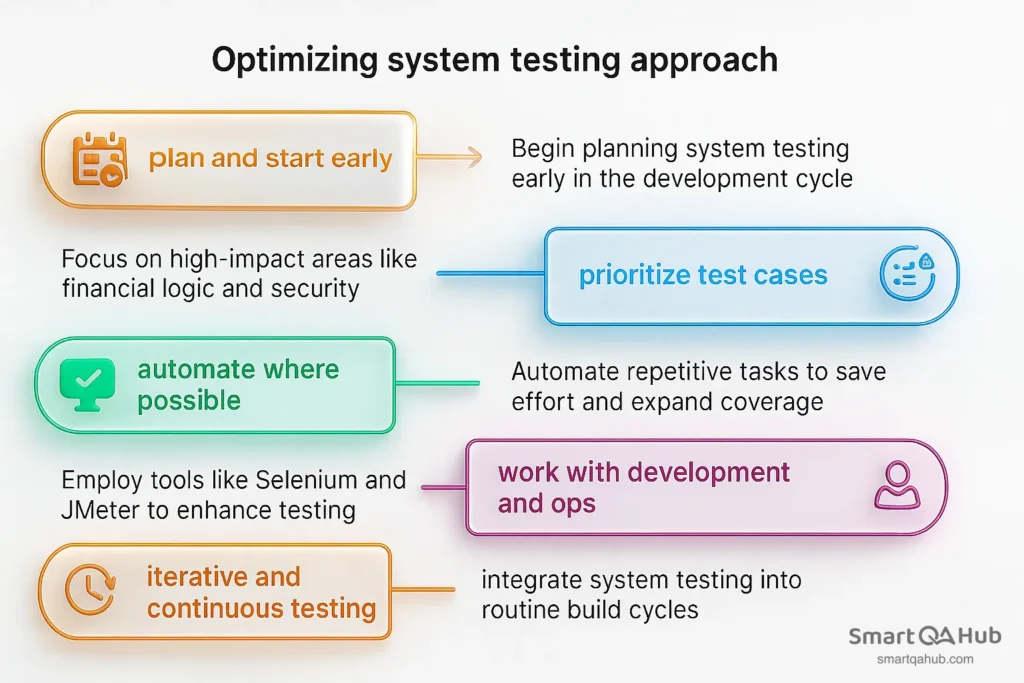 Ways to optimize system testing, including early planning, prioritizing test cases, automation, collaboration and continuous testing.
