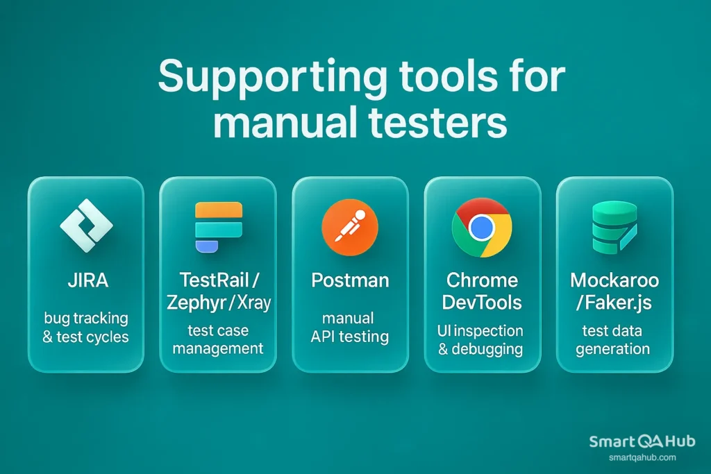 Key supporting tools for manual testers, including bug tracking, test management, API testing, debugging, and test data generation.