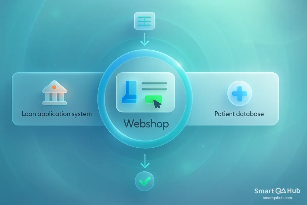 Diagram showing a webshop integrated with a loan application system and a patient database, illustrating connected backend systems.
