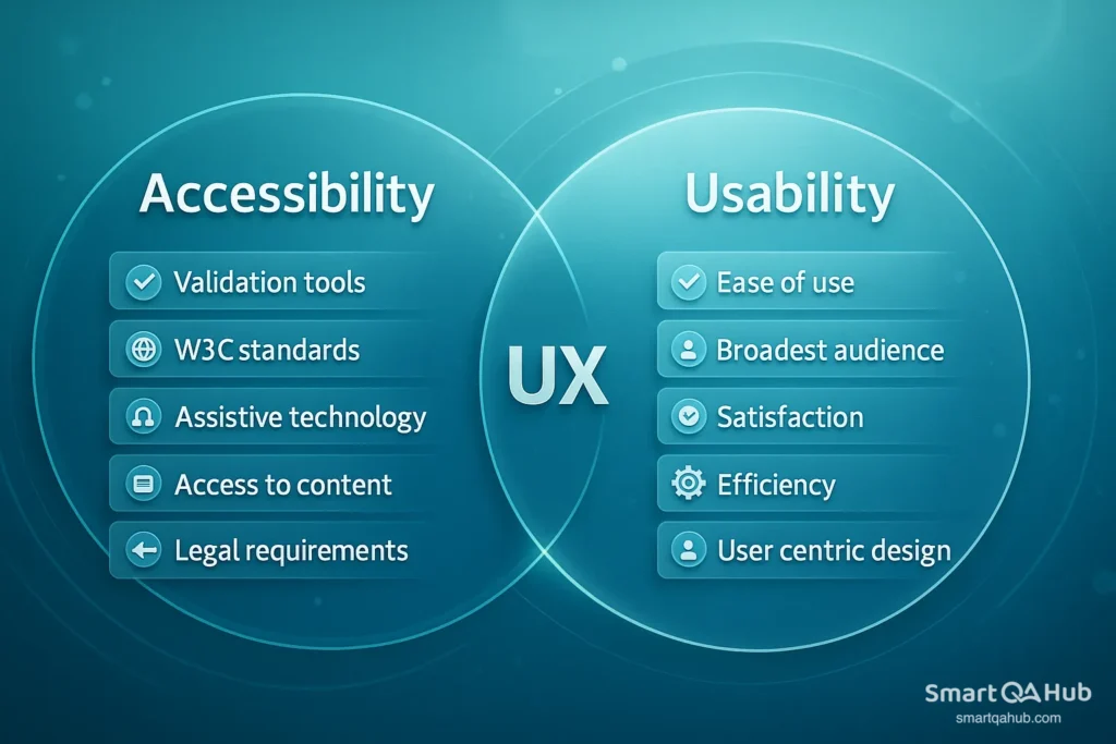 Comparison of accessibility and usability factors showing their overlap in improving overall UX.