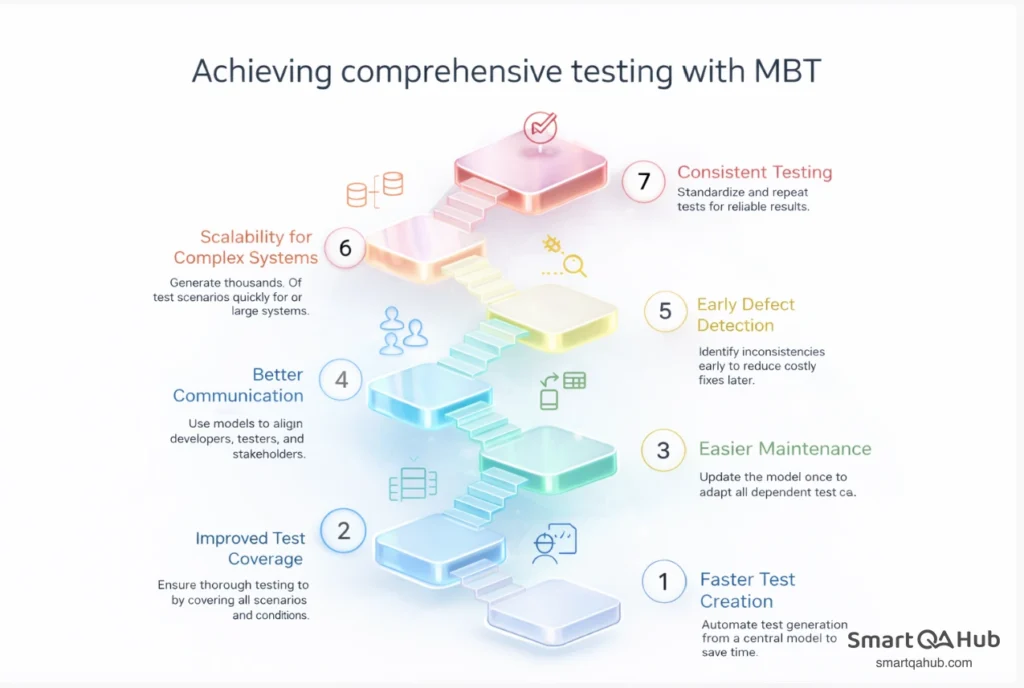 Benefits of model-based testing shown as step-by-step gains, from faster test creation to consistent, scalable test coverage.