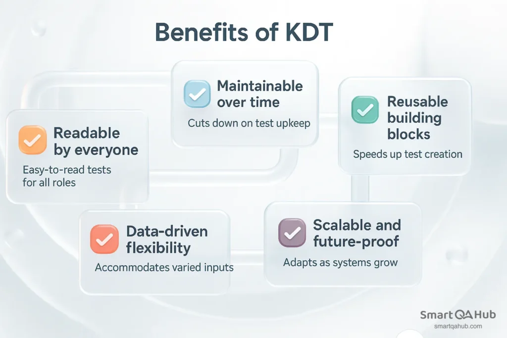 Overview of keyword-driven testing benefits including readability, maintainability, reusable keywords, data-driven flexibility, and scalability.