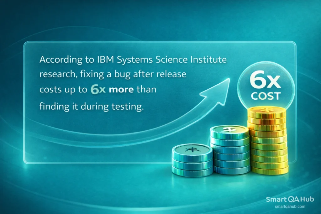 Statistic showing that fixing bugs after release costs six times more than catching them during testing.