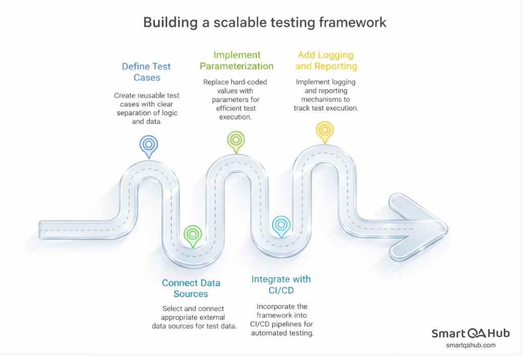 Step-by-step roadmap showing how to build a scalable test automation framework from test cases to CI/CD integration.