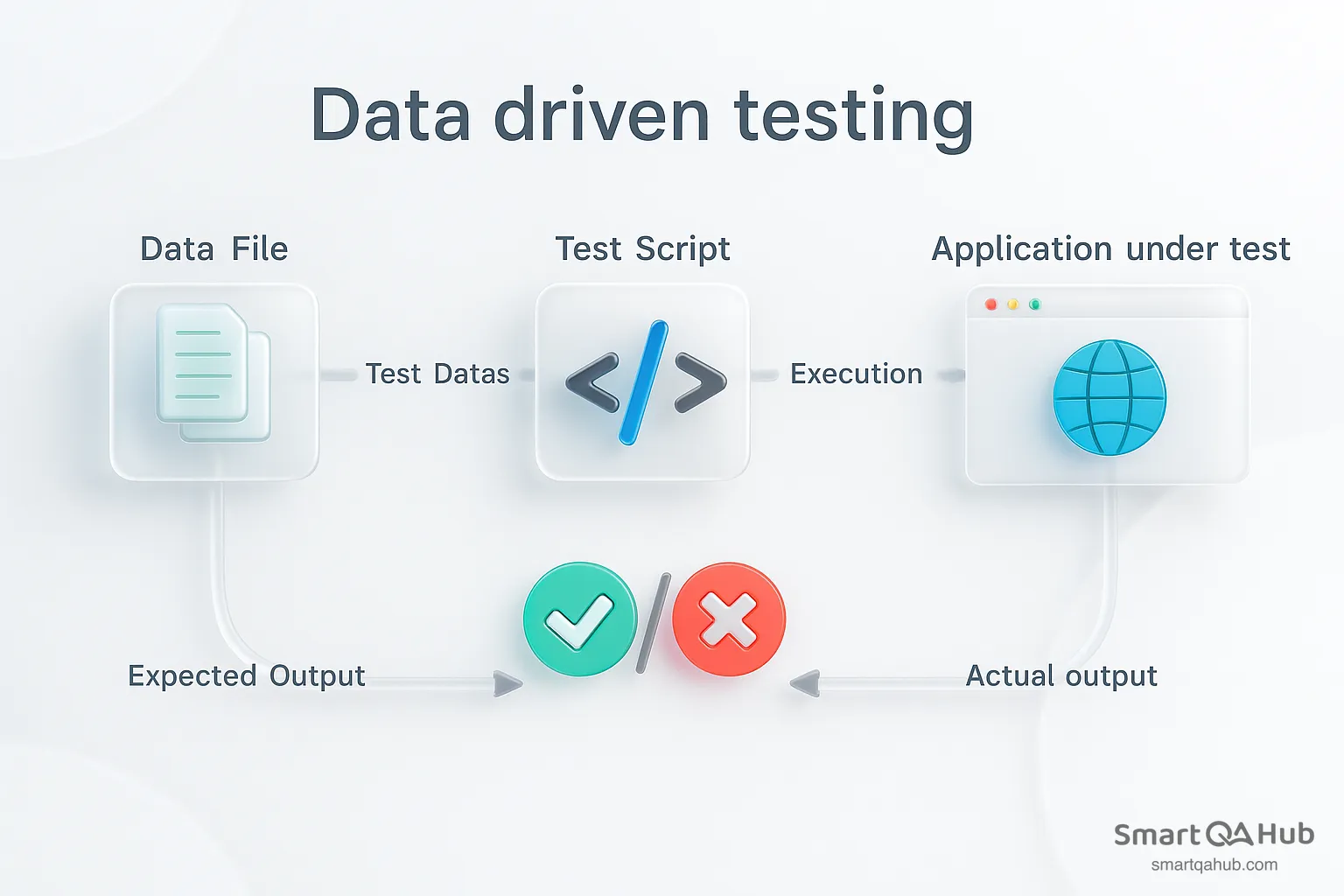 Data-driven testing flow showing test data feeding scripts, execution against the application, and comparison of expected vs actual results.