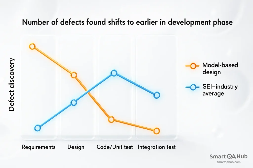 Line chart showing model-based testing finds more defects in requirements and design phases compared to industry average.