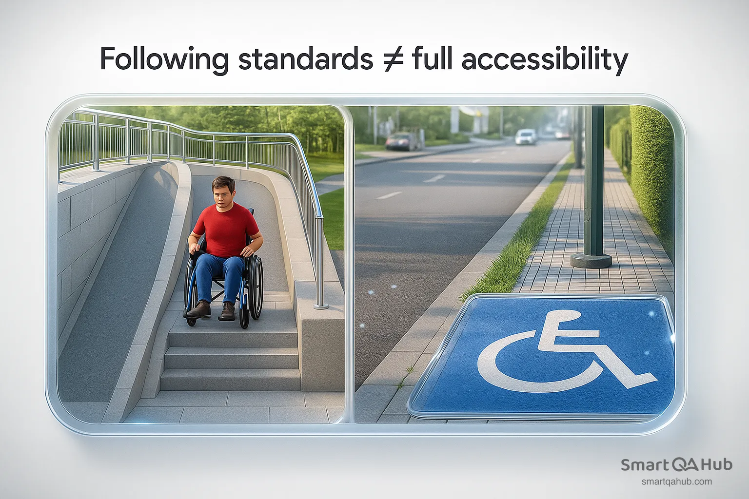 Illustration showing that meeting formal standards does not guarantee full accessibility for wheelchair users.