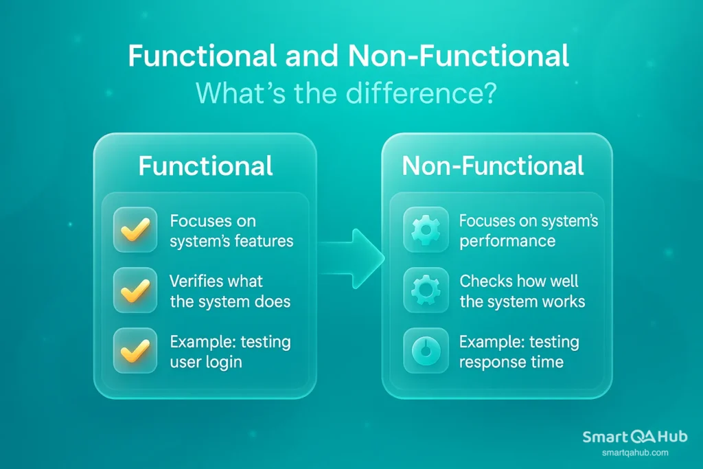 Functional vs non-functional testing comparison showing features focus vs system performance and examples like login and response time.