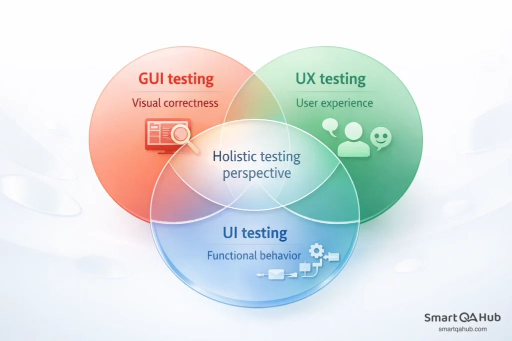 Venn diagram comparing GUI, UI, and UX testing, showing their overlap as a holistic testing perspective.