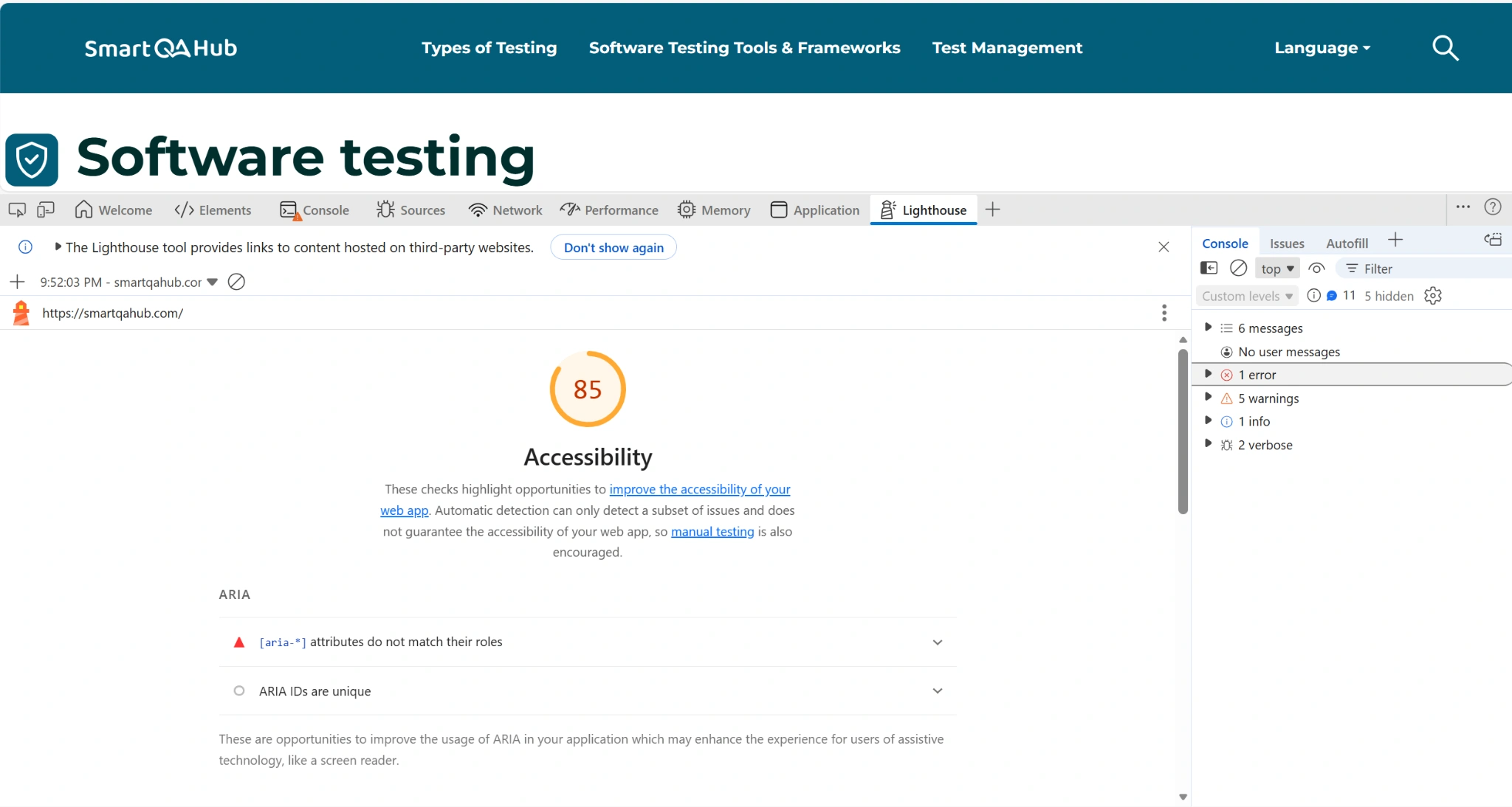 Lighthouse accessibility audit showing score 85 and ARIA issues detected on the SmartQA Hub webpage.