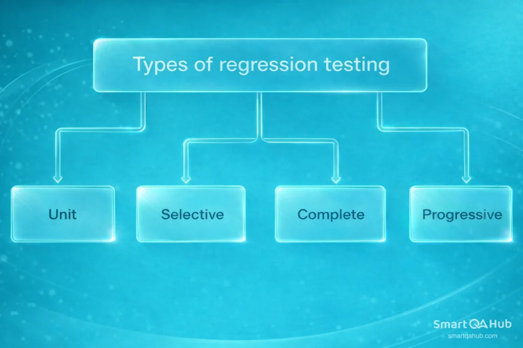 Diagram showing types of regression testing: unit, selective, complete, and progressive testing approaches.