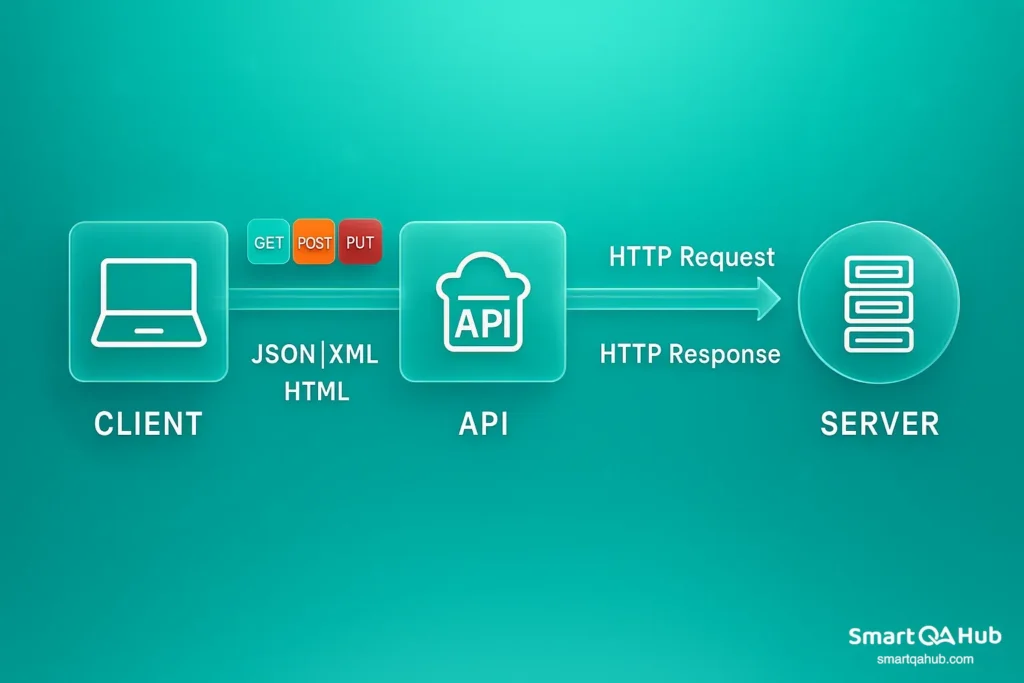 Client sends HTTP requests to an API, which returns responses from the server using JSON, XML or HTML formats.