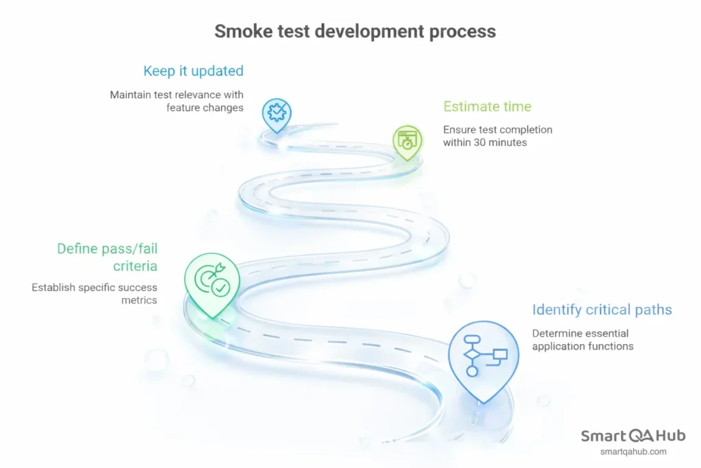 Smoke test development process outlining critical path identification, pass/fail criteria, time estimation, and ongoing test maintenance.