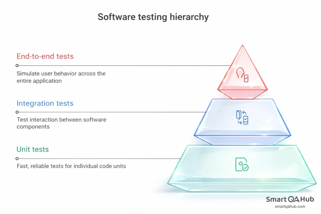 Software testing hierarchy showing unit, integration, and end-to-end tests, highlighting unit tests as the foundation for fast and reliable code quality.