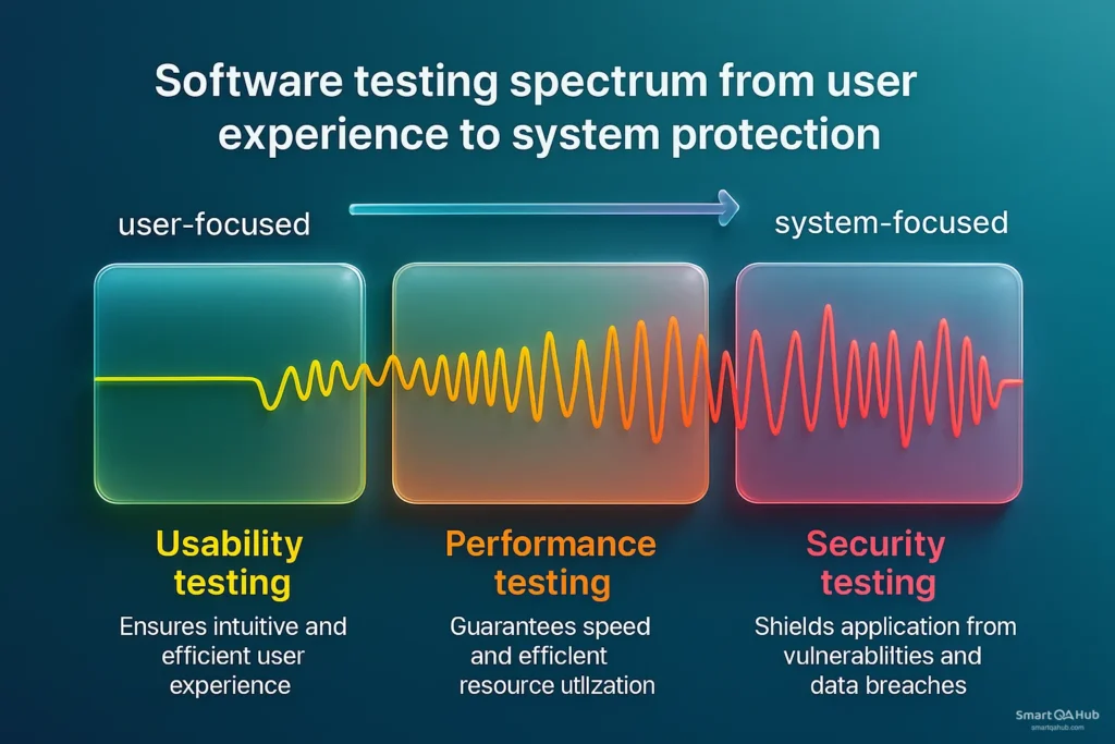 Software testing spectrum showing usability, performance, and security testing from user-focused to system-focused priorities.