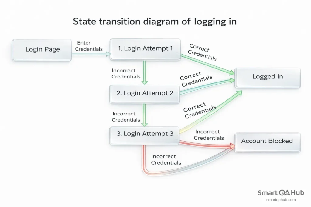 State transition diagram showing login attempts, successful authentication paths, and account blocking after repeated failures.