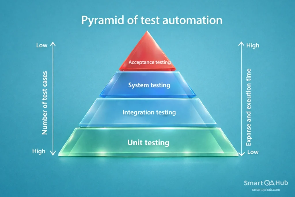Test automation pyramid illustrating unit, integration, system, and acceptance testing with trade-offs in test volume, cost, and execution time.