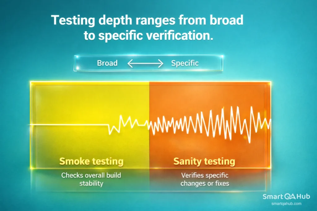 Comparison of smoke testing and sanity testing, showing broad build stability checks versus specific verification of recent changes.