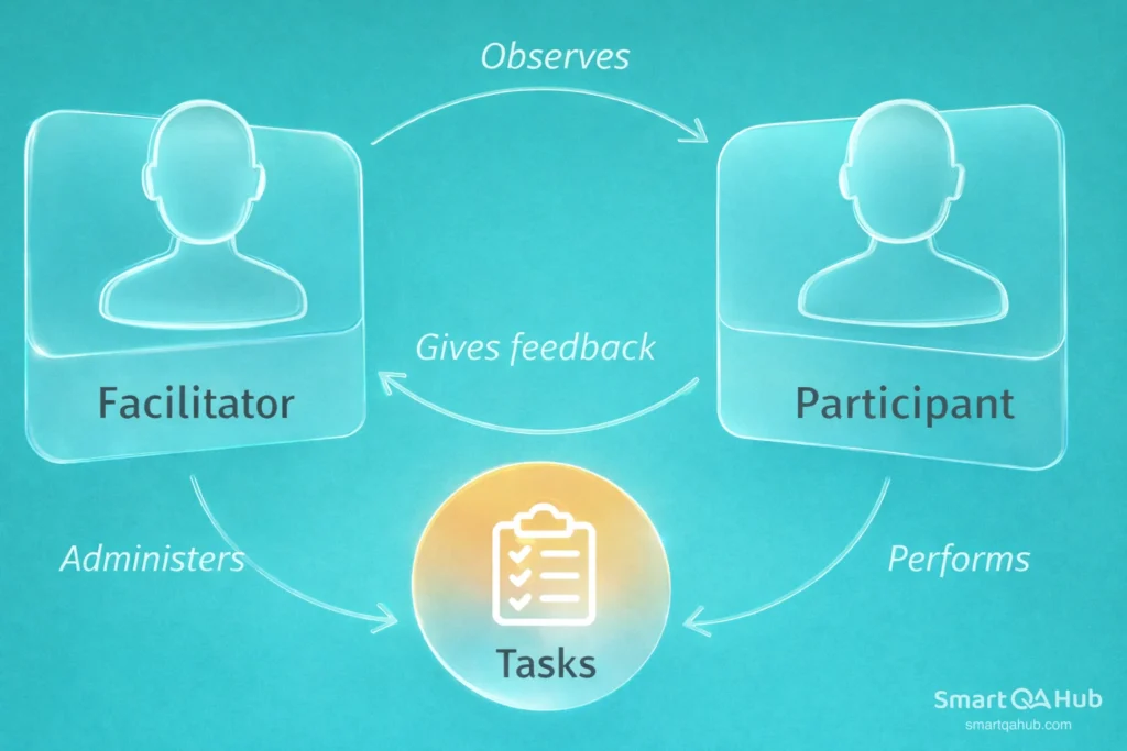 Facilitator observes participants, administers tasks, and gathers feedback in a structured usability testing cycle.