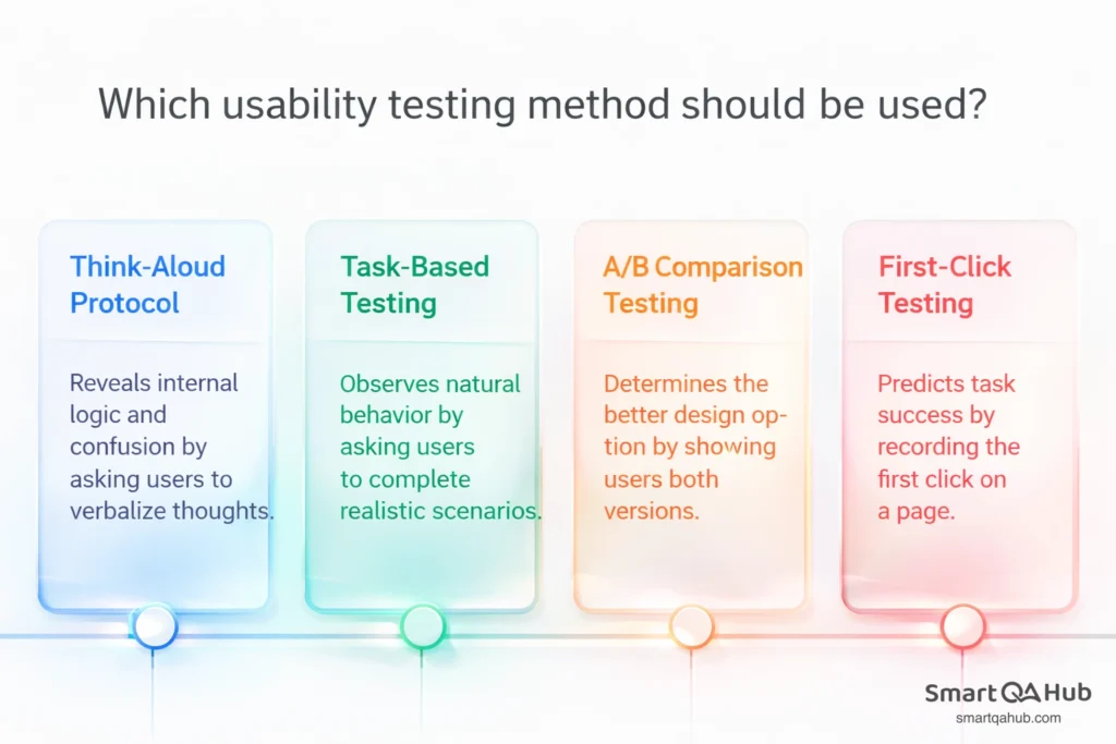 Comparison of usability testing methods—think-aloud, task-based, A/B, and first-click—to choose the right approach.
