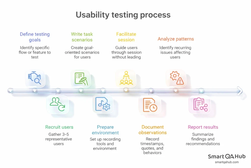 Step-by-step usability testing process from defining goals and recruiting users to analyzing patterns and reporting results.