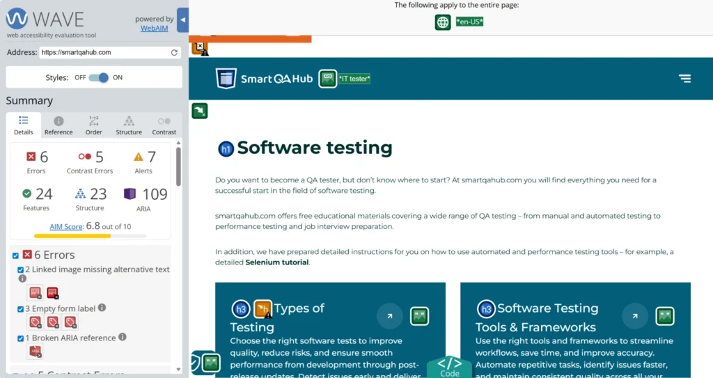 WAVE accessibility report for SmartQA Hub showing errors, contrast issues, ARIA alerts and overall AIM score.