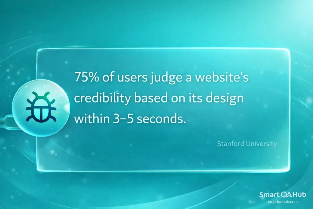 Statistic showing that 75% of users judge website credibility by design within the first 3–5 seconds.