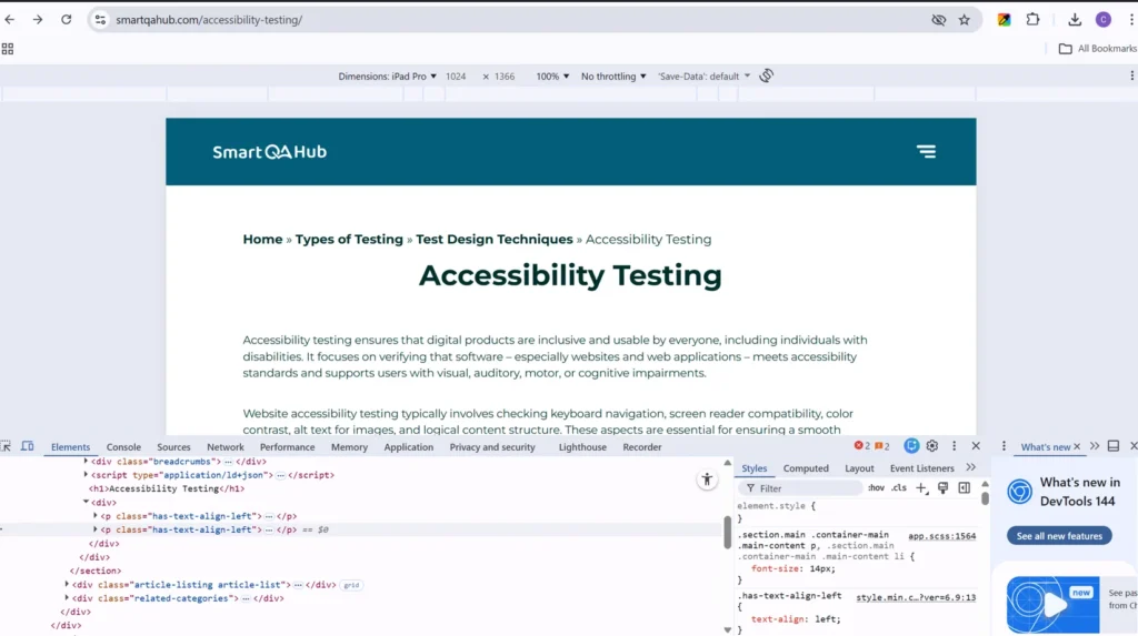 Accessibility testing article page shown in browser DevTools, highlighting page structure, headings, and accessibility-related HTML elements.