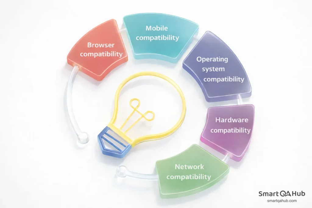 Key compatibility areas in software testing, showing browser, mobile, operating system, hardware, and network compatibility.