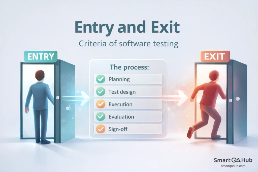 Entry and exit criteria in software testing, showing the testing process from planning through execution to final sign-off.