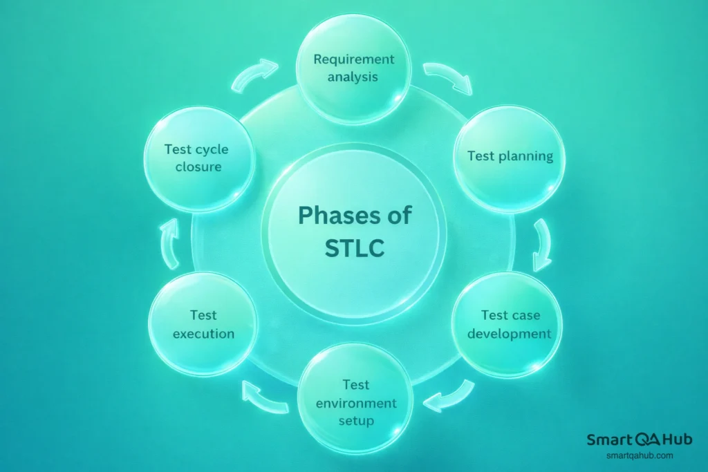 STLC phases shown in a continuous cycle from requirement analysis through planning, execution, and test closure.