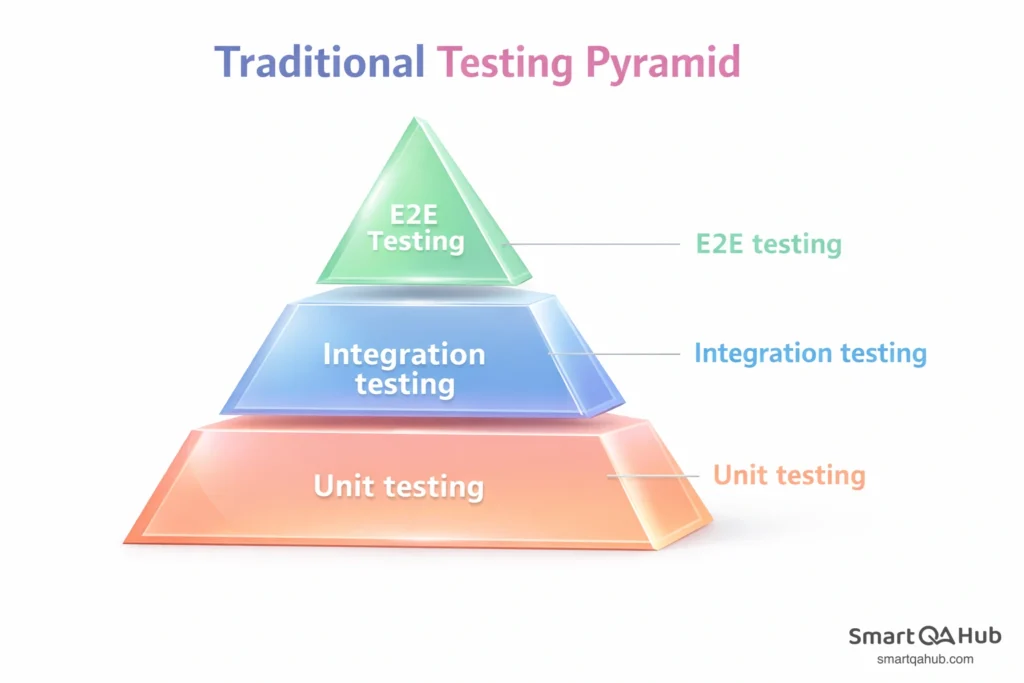 Traditional testing pyramid showing unit testing at the base, integration testing in the middle, and E2E testing at the top.