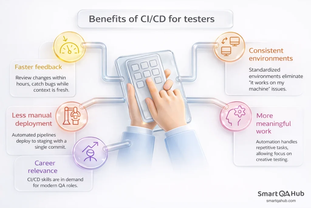 Benefits of CI/CD for testers, including faster feedback, consistent environments, reduced manual deployment, and more meaningful QA work.