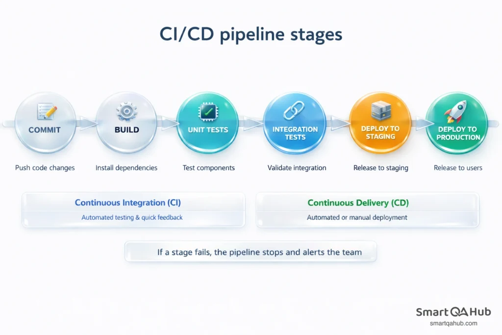 CI/CD pipeline stages from commit and build through unit and integration tests to staging and production deployment.